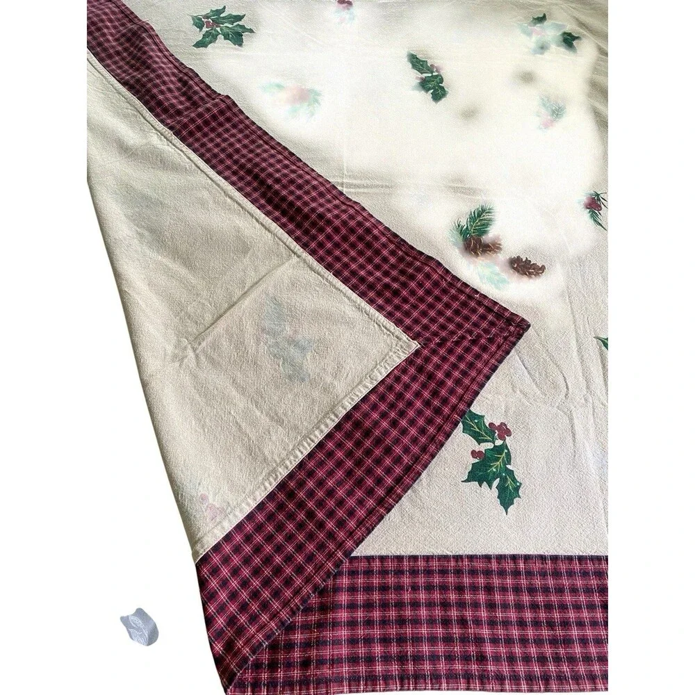 VTG 48” TableCloth Christmas Holly Pine Cones Snowflakes Country Plaid Handmade